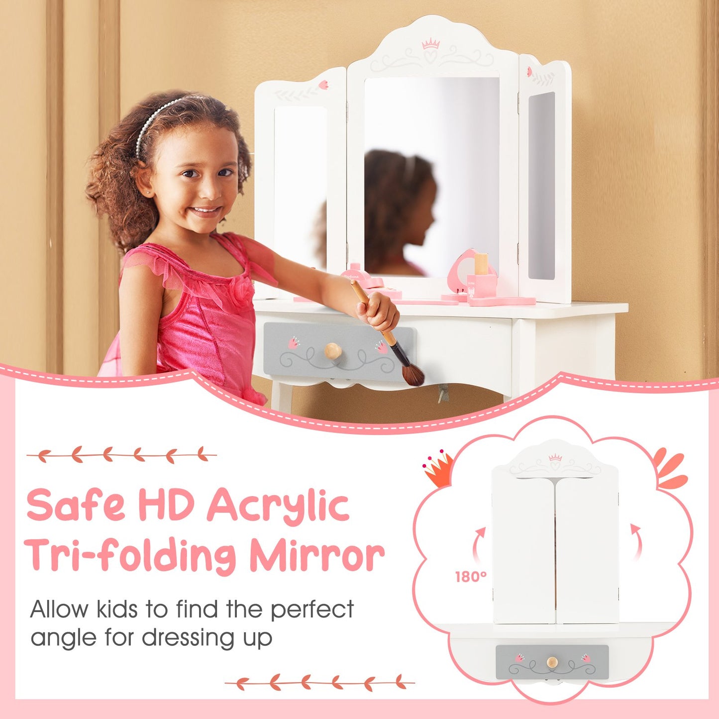 Kids Vanity Set with Tri-folding Mirror, White