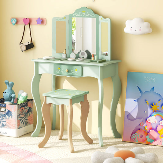 Kids Vanity Set with Tri-folding Mirror, Green - Gallery Canada
