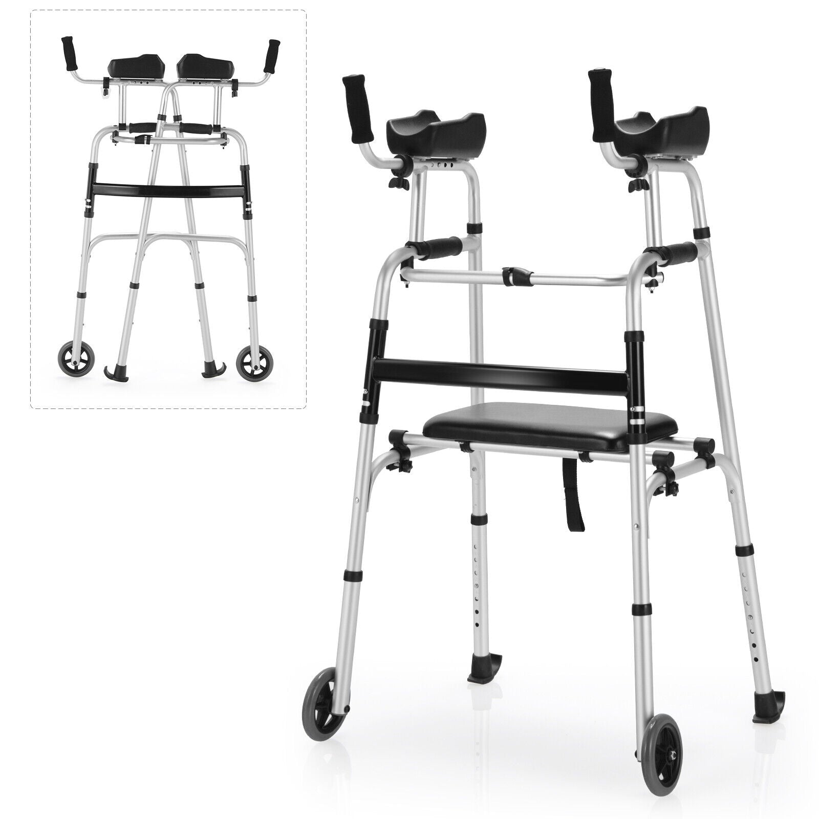 Height Adjustable Rollator Walker With Seat and Armrest Pad, Black & White Walkers & Rollators at Gallery Canada