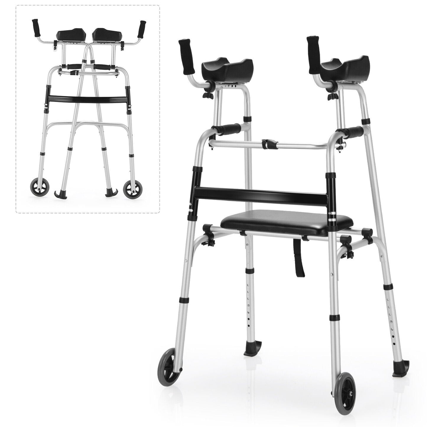 Height Adjustable Rolling Walker With Seat and Armrest Pad, Black & White