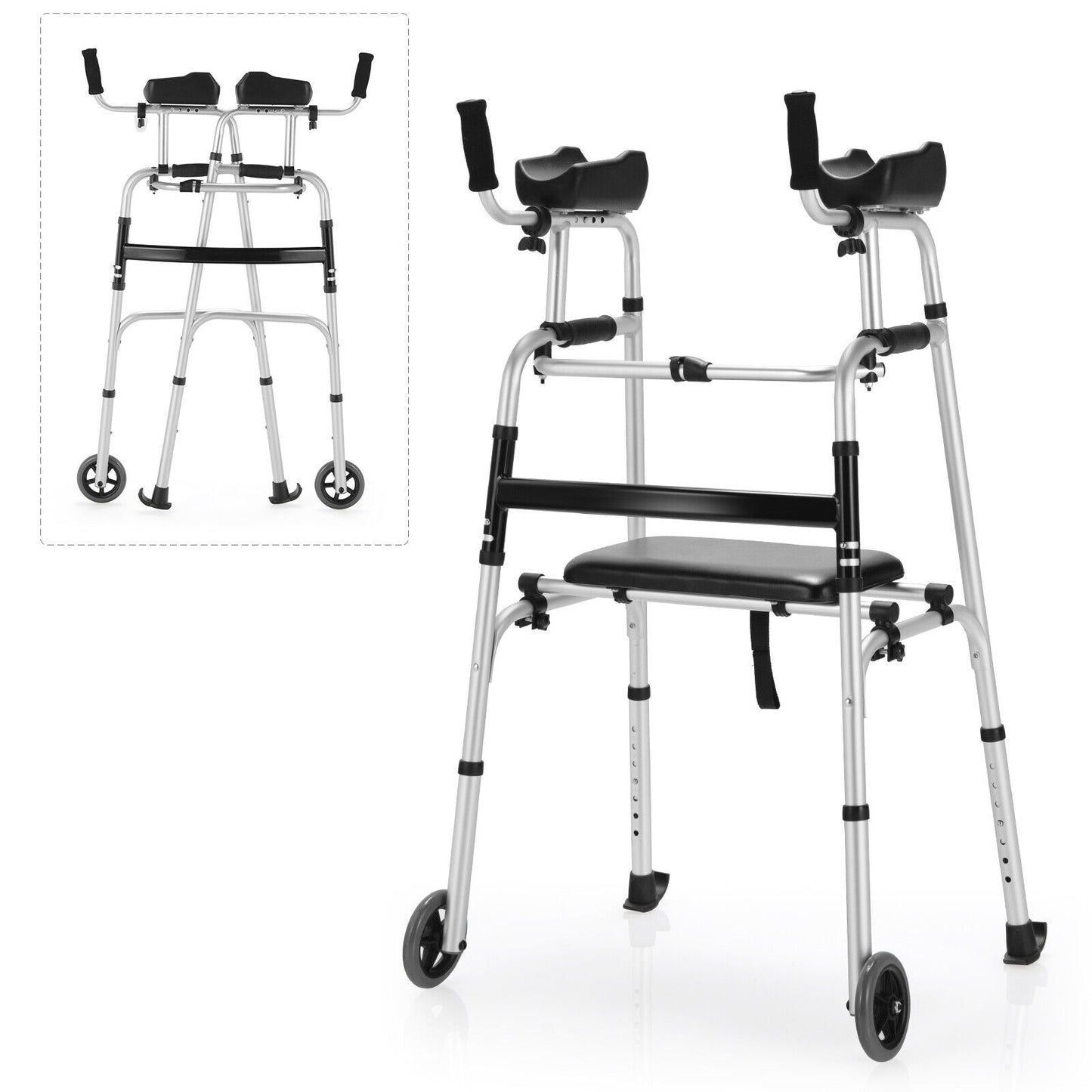 Height Adjustable Rollator Walker With Seat and Armrest Pad, Black & White Walkers & Rollators at Gallery Canada