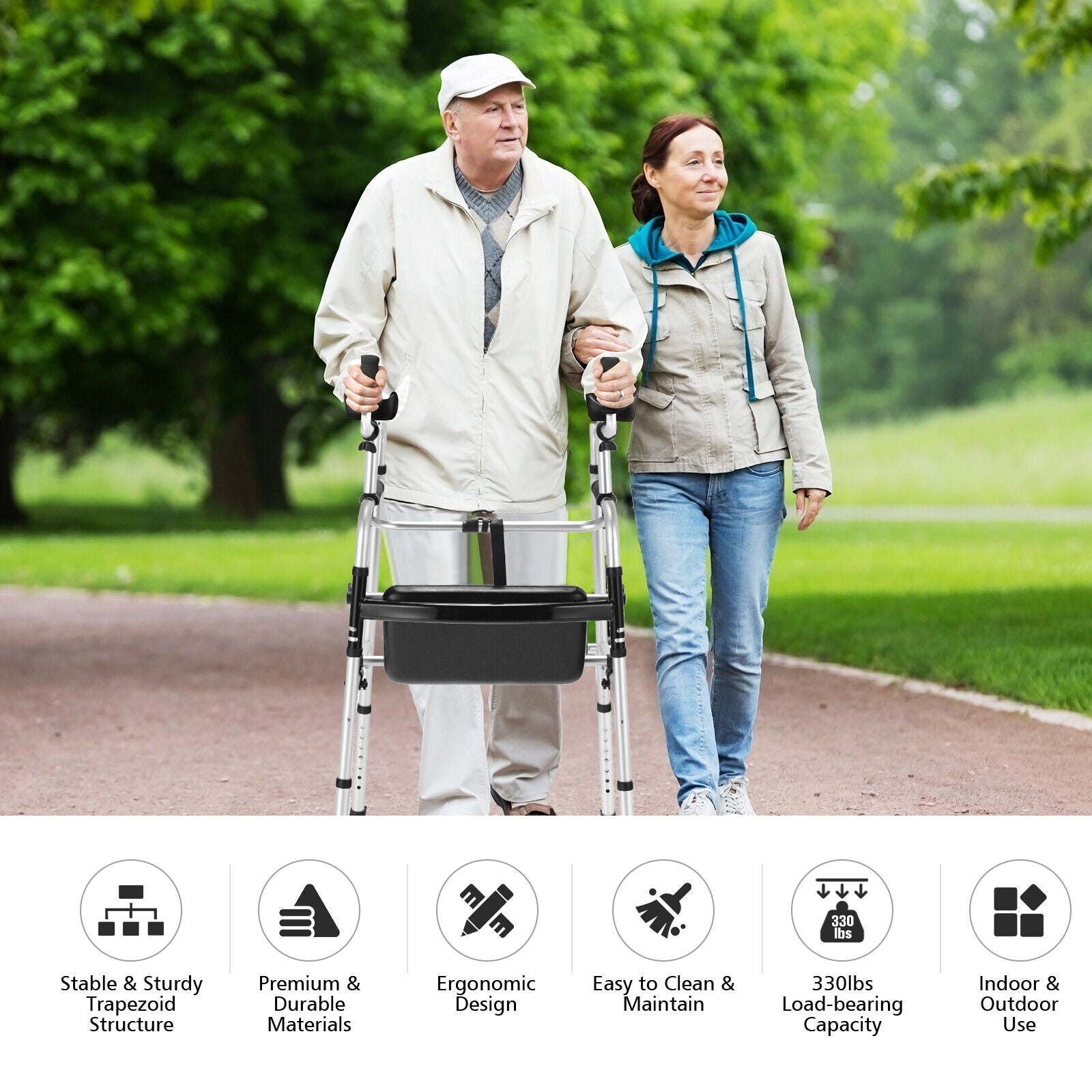 Height Adjustable Rollator Walker With Seat and Armrest Pad, Black & White Walkers & Rollators at Gallery Canada