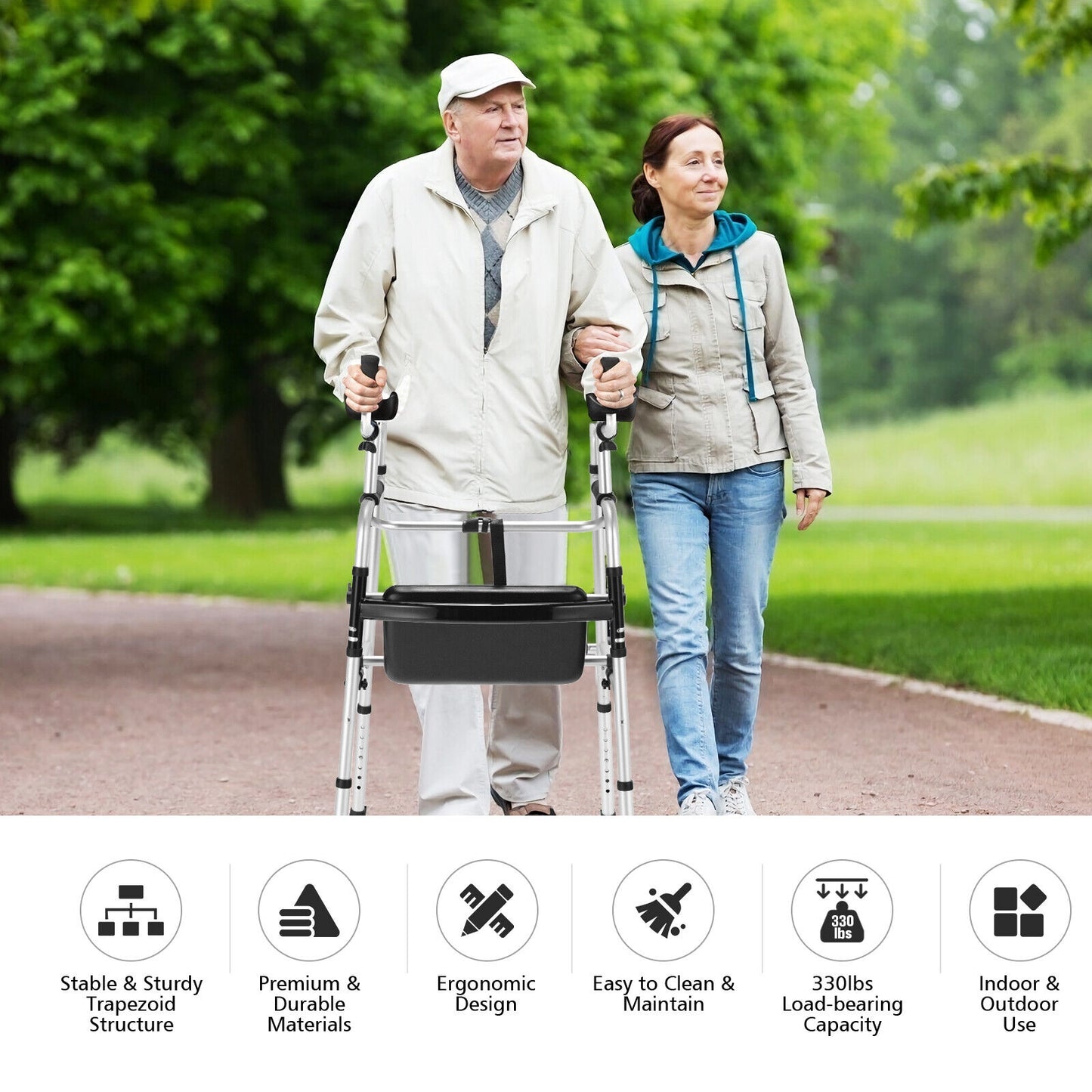 Height Adjustable Rollator Walker With Seat and Armrest Pad, Black & White Walkers & Rollators at Gallery Canada