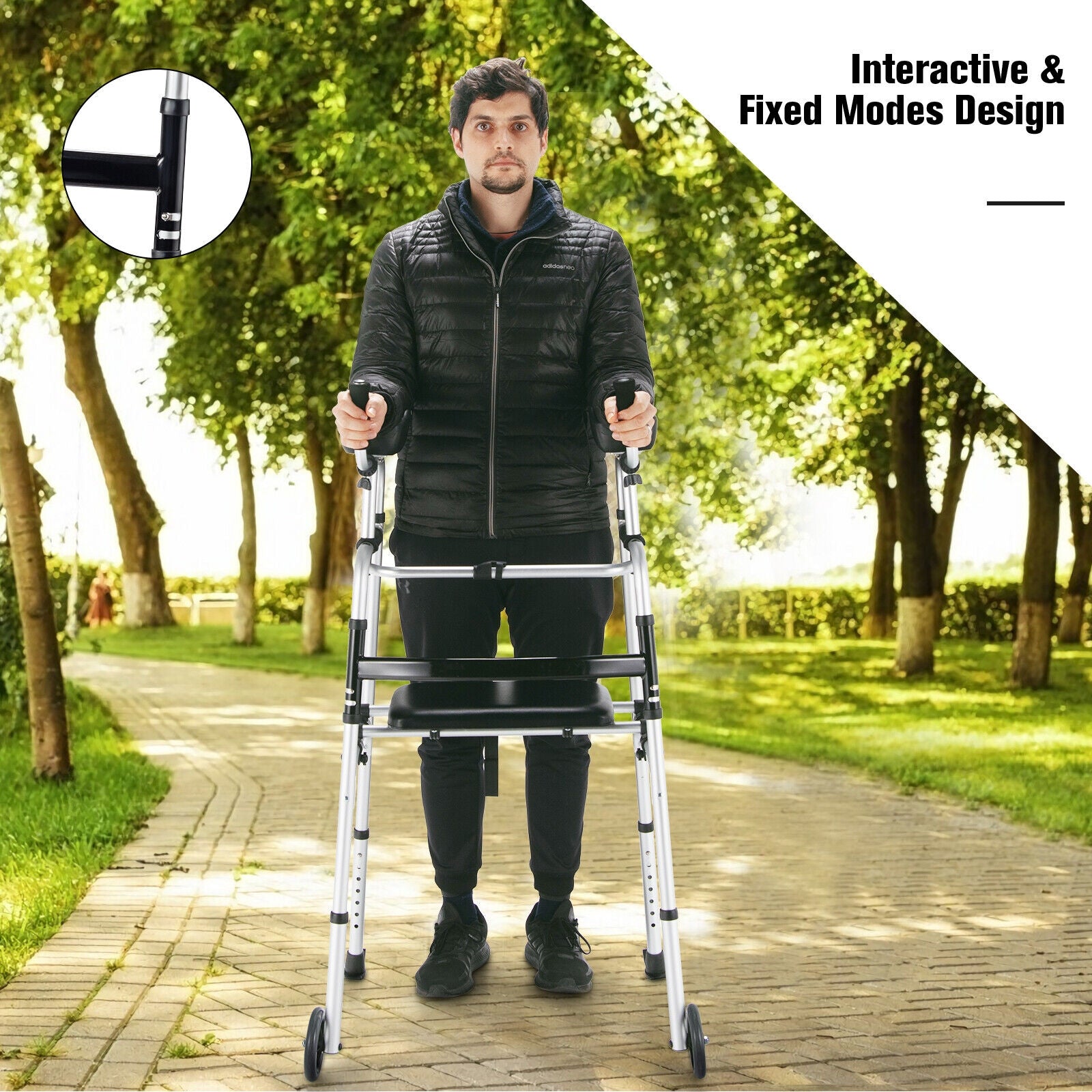 Height Adjustable Rollator Walker With Seat and Armrest Pad, Black & White Walkers & Rollators at Gallery Canada