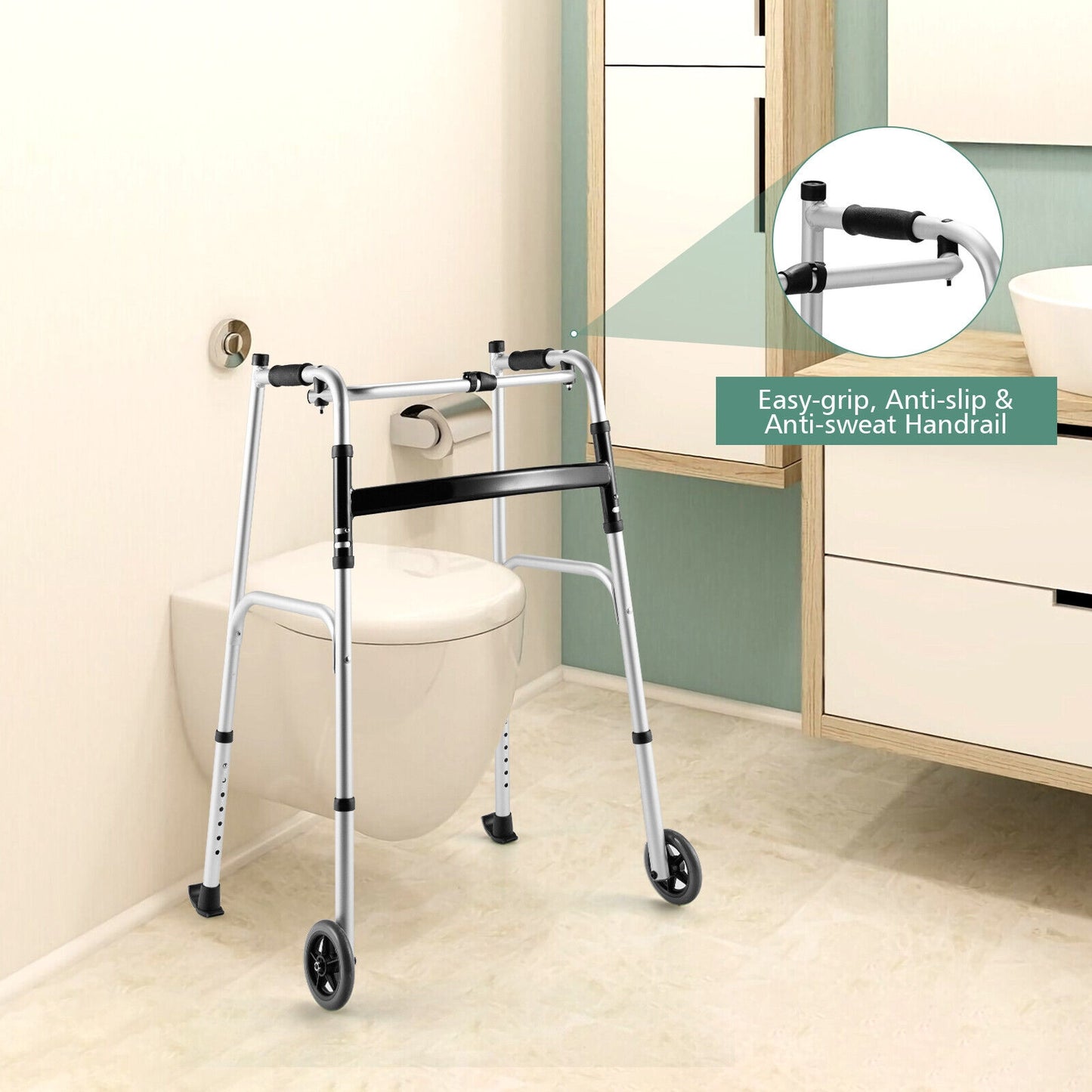 Height Adjustable Rollator Walker With Seat and Armrest Pad, Black & White Walkers & Rollators at Gallery Canada