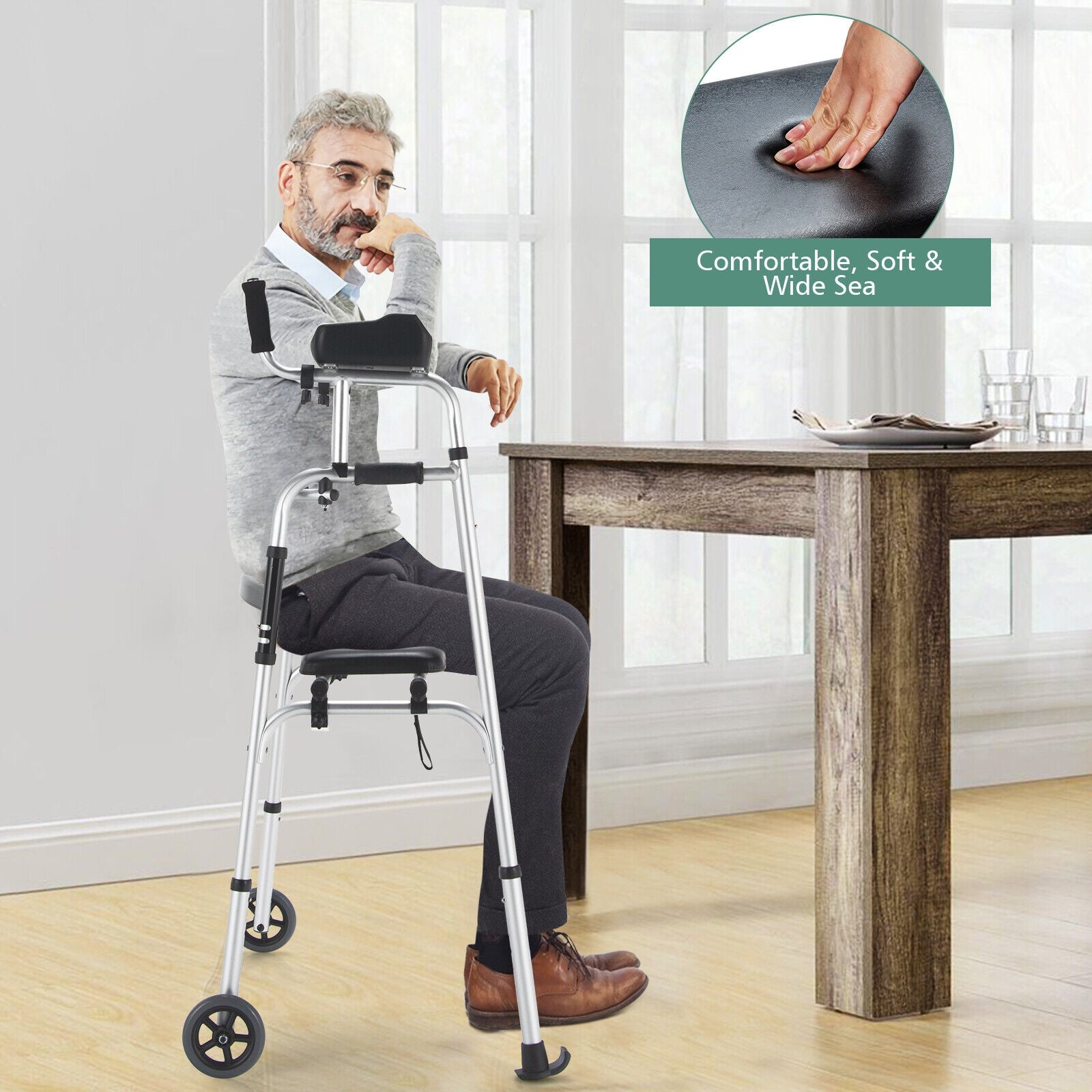 Height Adjustable Rollator Walker With Seat and Armrest Pad, Black & White Walkers & Rollators at Gallery Canada