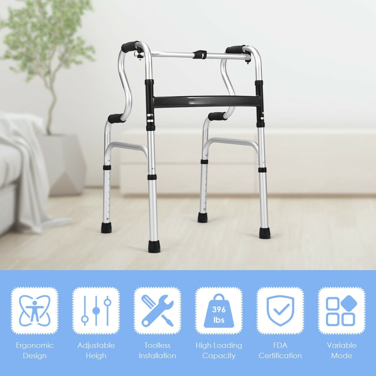 One-Button Folding Aluminum Walking Frame Walker, Silver at Gallery Canada