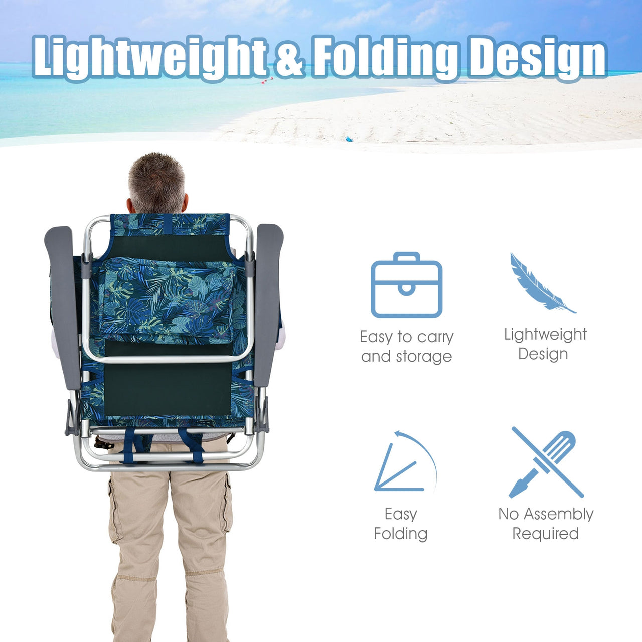 2 Pieces Folding Backpack Beach Chair with Pillow - Gallery View 7 of 12