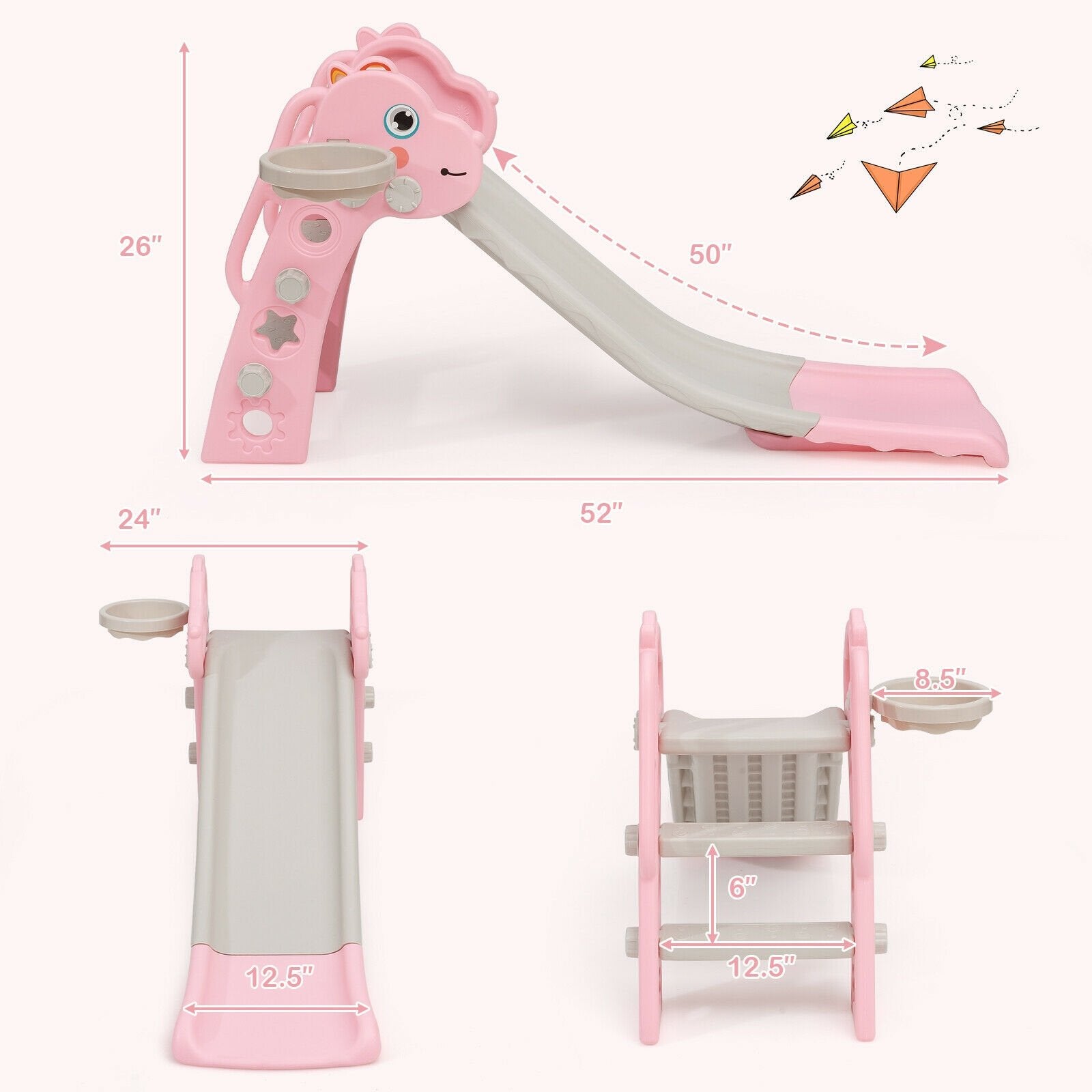 3-in-1 Kids Slide Baby Play Climber Slide Set with Basketball Hoop, Pink - Gallery Canada