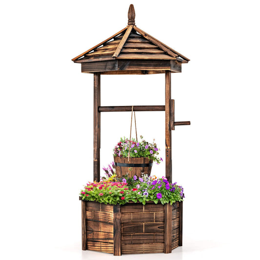 Rustic Wooden Wishing Well with Adjustable Hanging Bucket, Brown - Gallery Canada