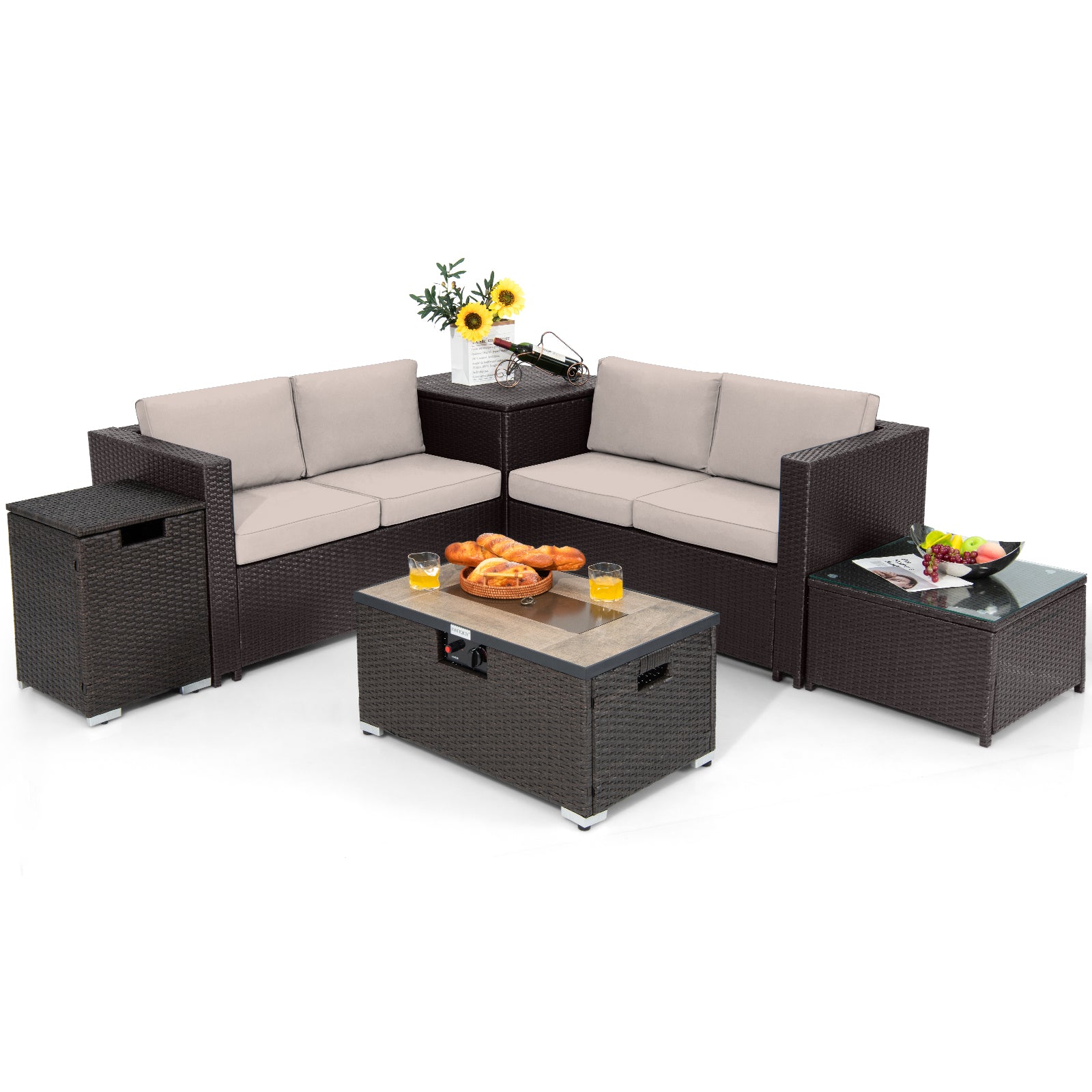 6 Piece Outdoor Wicker Furniture Set, 32 Inch Propane Fire Pit Table, Beige Patio Conversation Sets Beige at Gallery Canada