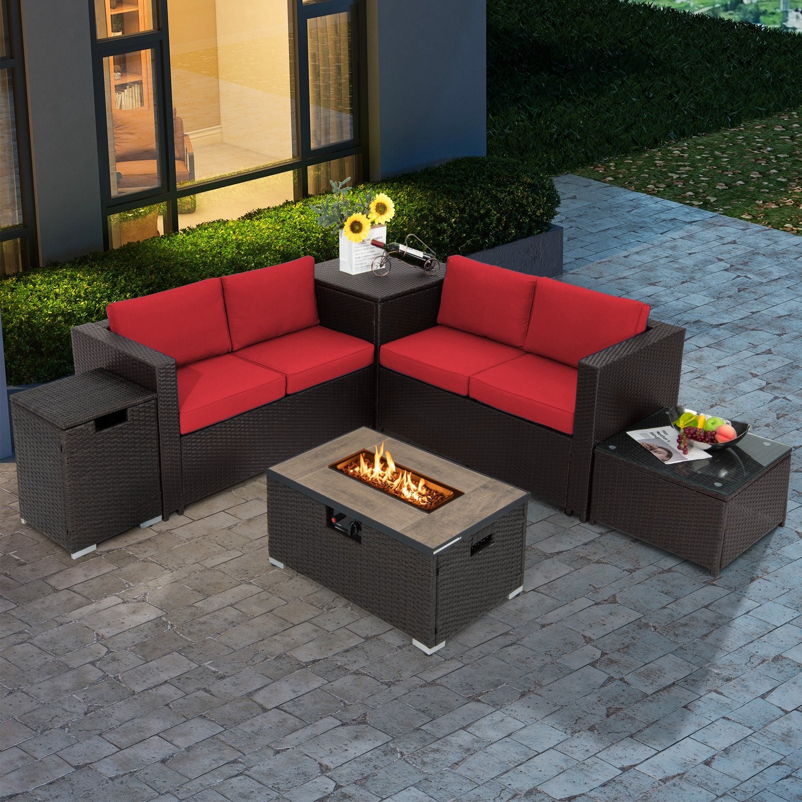 6 Pieces Outdoor Wicker Furniture Set with 32 Inch Propane Fire Pit Table, Red - Gallery Canada