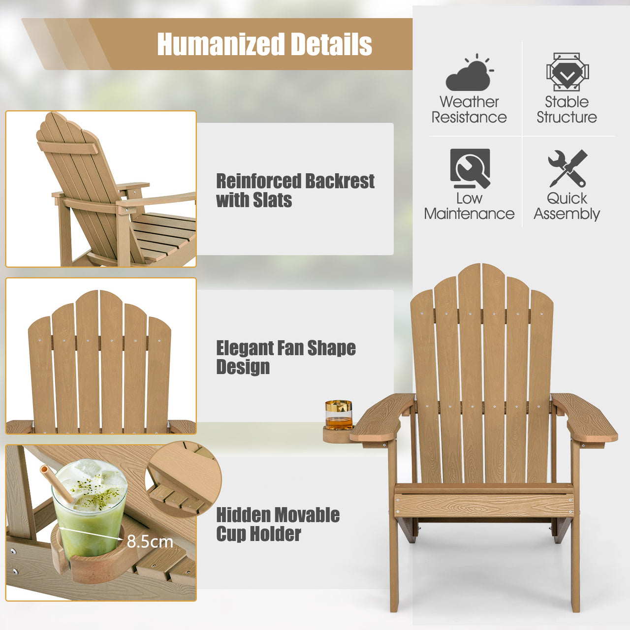 Weather Resistant HIPS Outdoor Adirondack Chair with Cup Holder - Gallery View 5 of 11