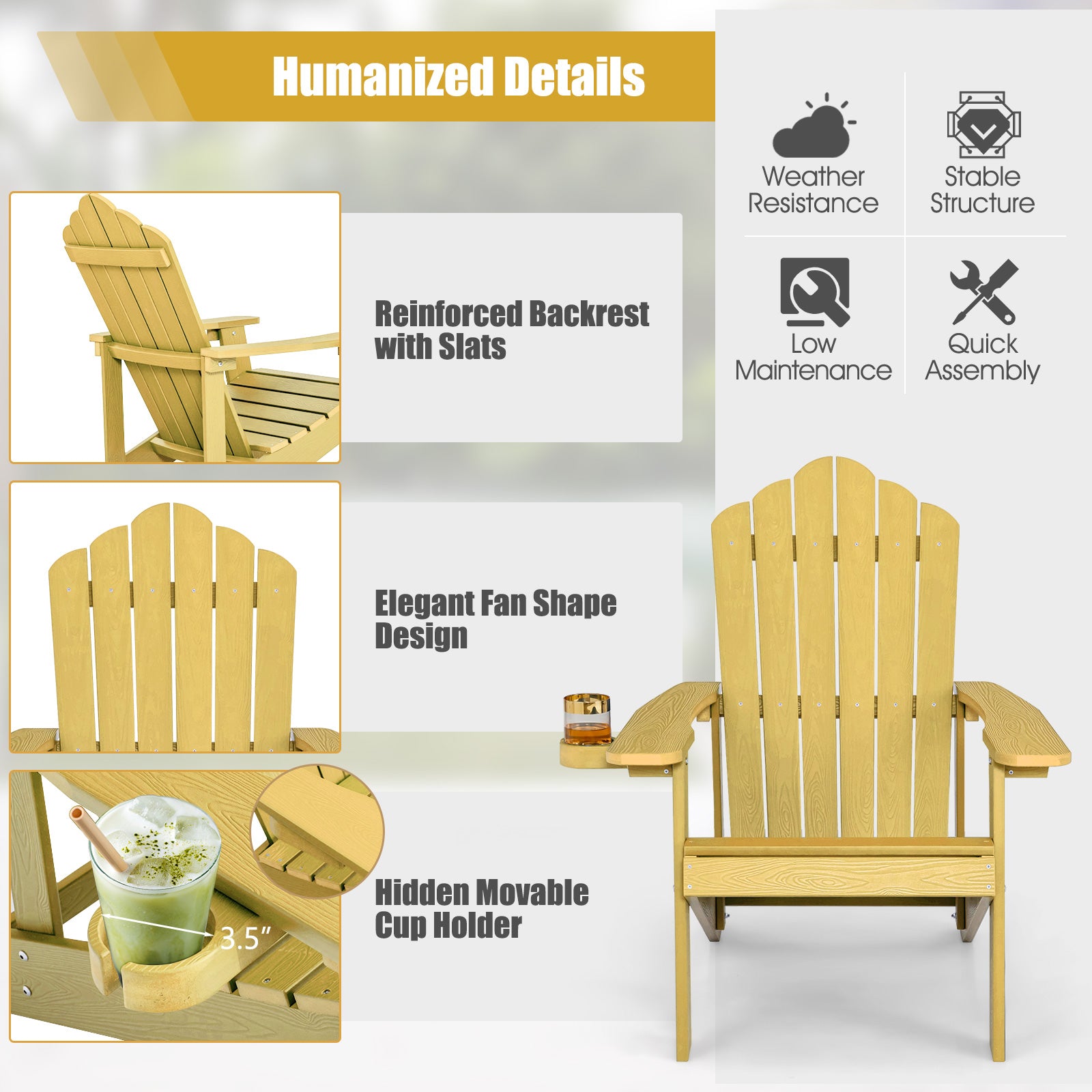 Weather Resistant Outdoor Adirondack Chair With Cup Holder, Yellow Adirondack Chairs at Gallery Canada