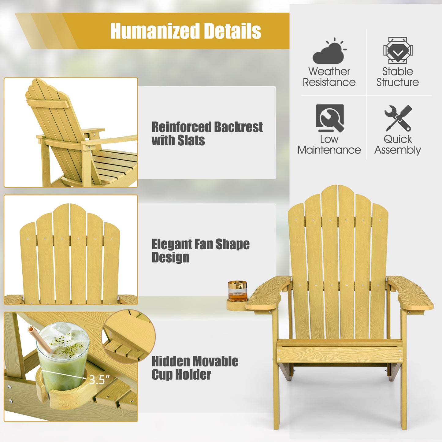 Weather Resistant Outdoor Adirondack Chair With Cup Holder, Yellow Adirondack Chairs at Gallery Canada