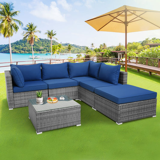 6 Pieces Outdoor Rattan Sofa Set with Seat and Back Cushions, Navy - Gallery Canada