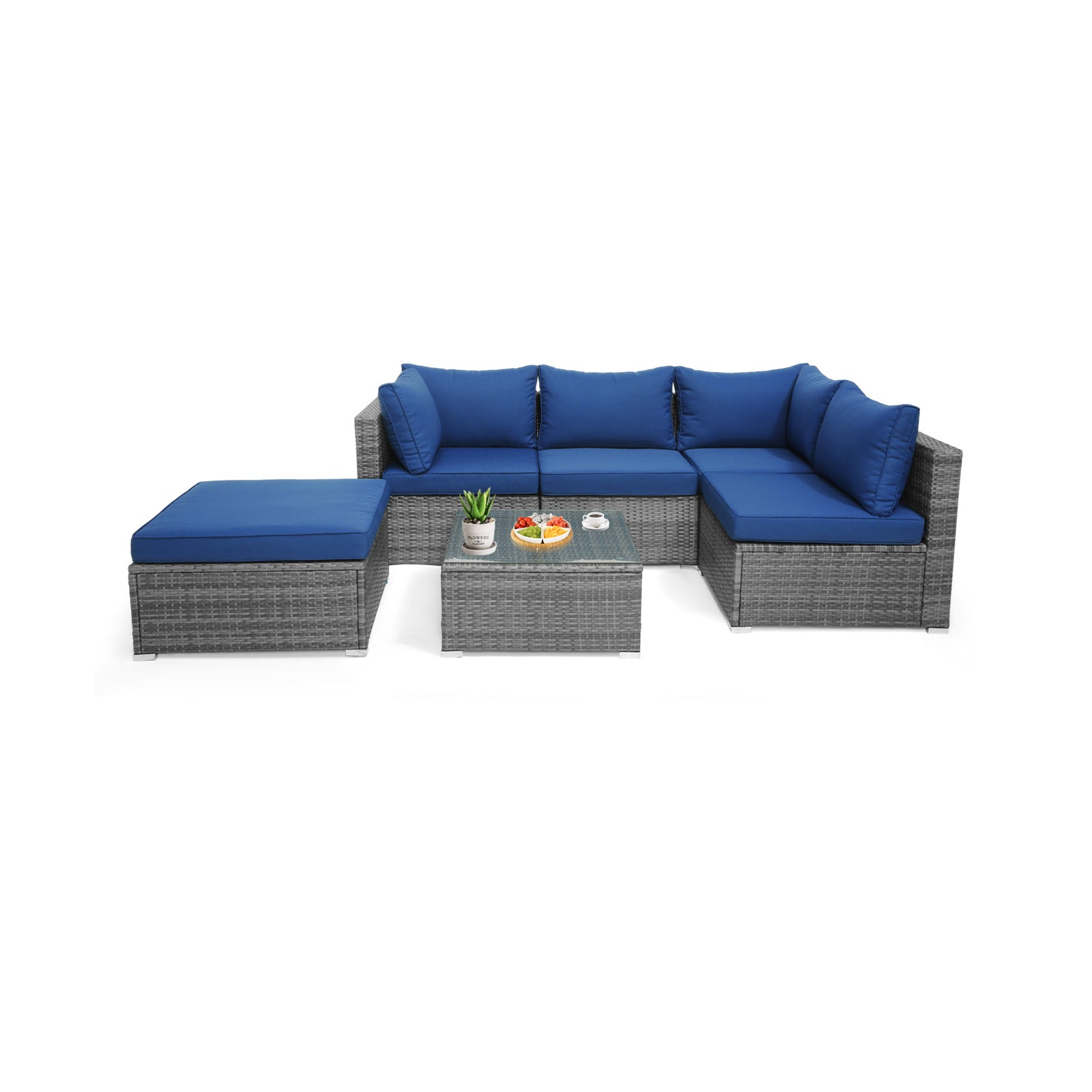 6 Pieces Outdoor Rattan Sofa Set with Seat and Back Cushions, Navy Outdoor Sectionals at Gallery Canada