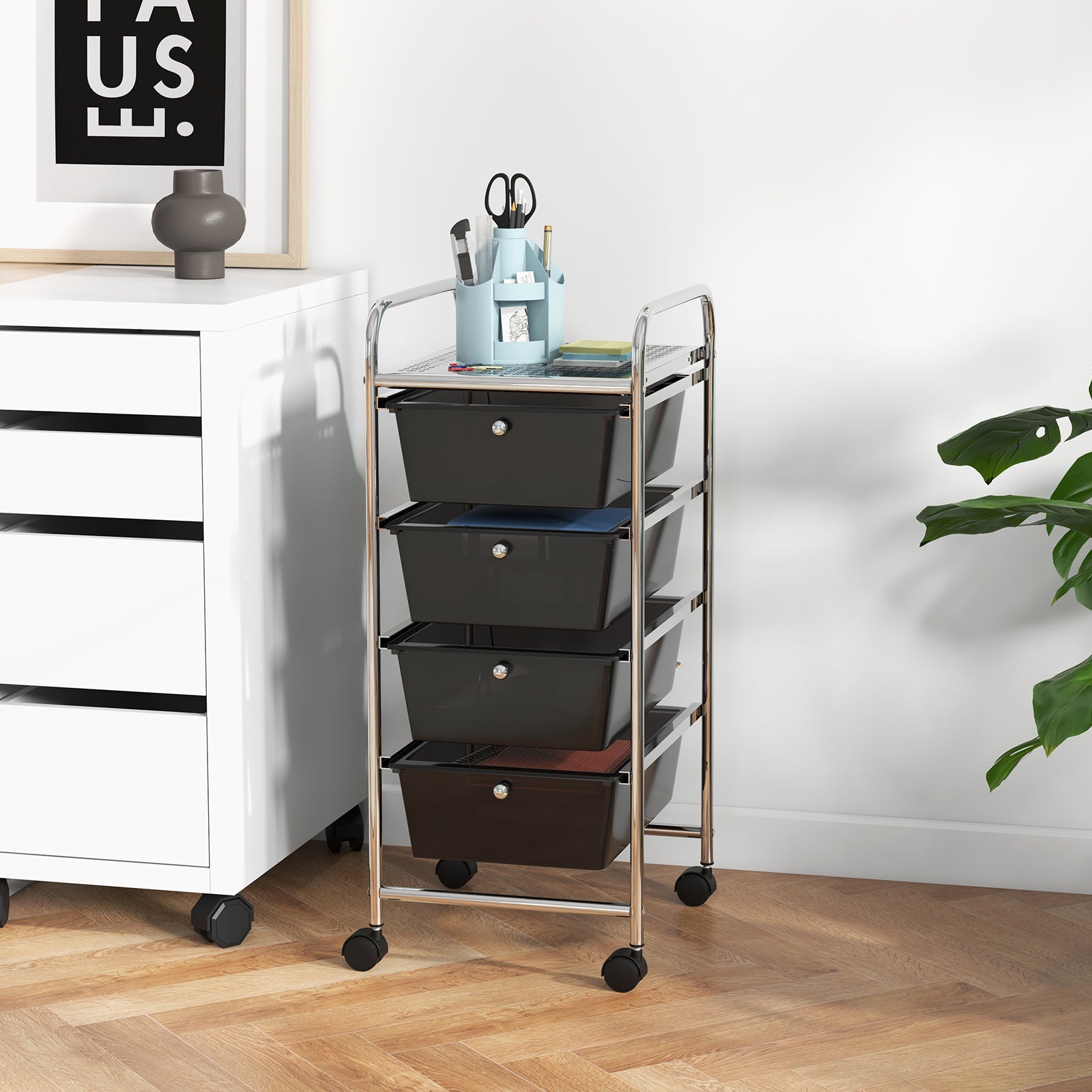 4-Drawer Cart Storage Bin Organizer Rolling with Plastic Drawers, Black File Cabinets at Gallery Canada