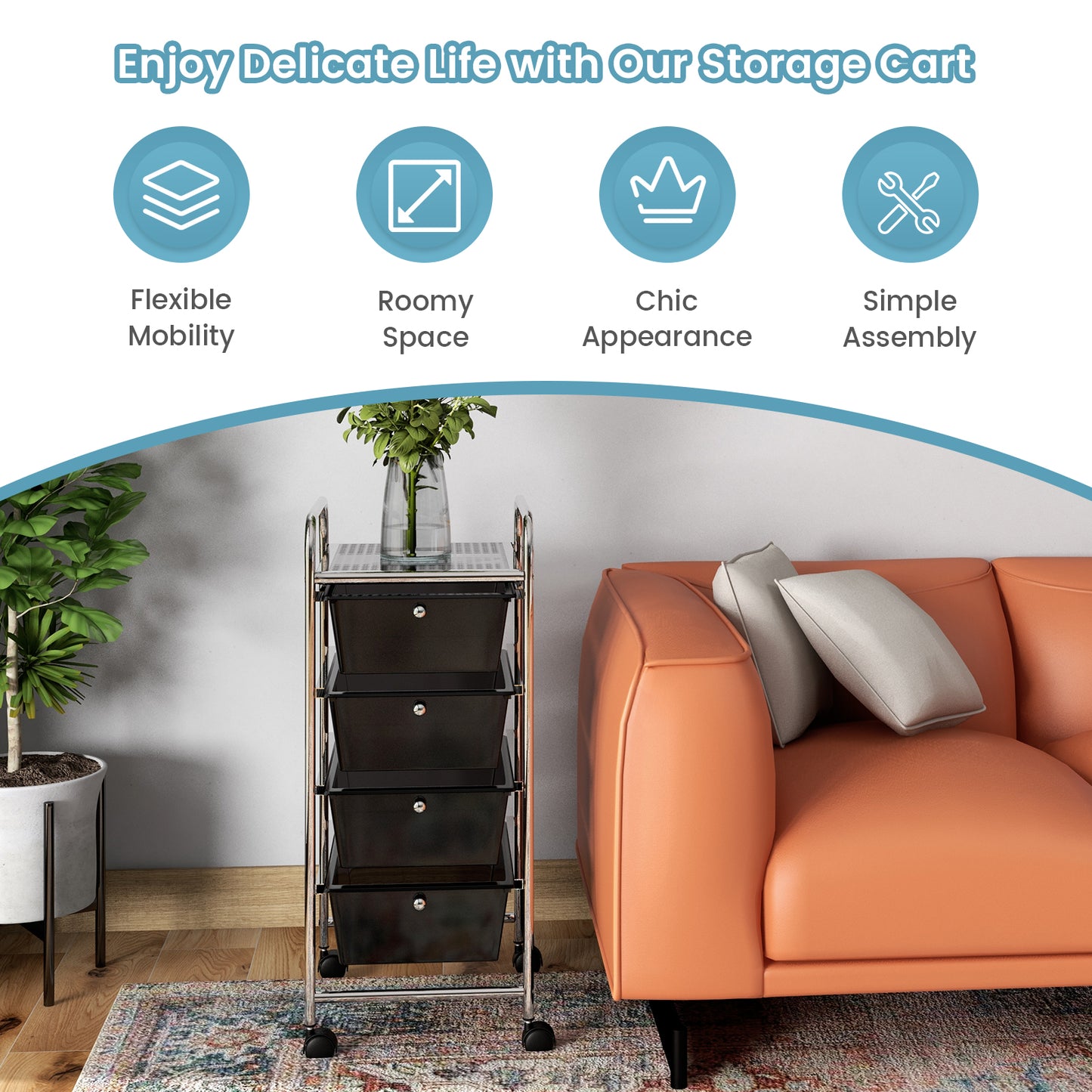 4-Drawer Cart Storage Bin Organizer Rolling with Plastic Drawers, Black File Cabinets at Gallery Canada