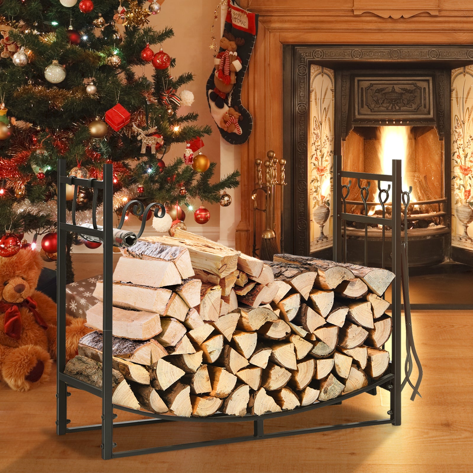 36 Inch Fireplace Log Holder with Kindling Holders and Shovel, Black Log Storage at Gallery Canada