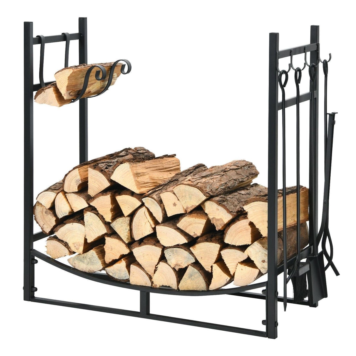 30 Inch Firewood Rack with 4 Tool Set Kindling Holders for Indoor and Outdoor, Black