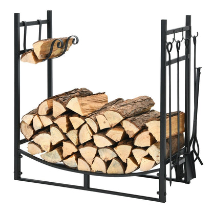 30 Inch Firewood Rack with 4 Tool Set Kindling Holders for Indoor and Outdoor, Black