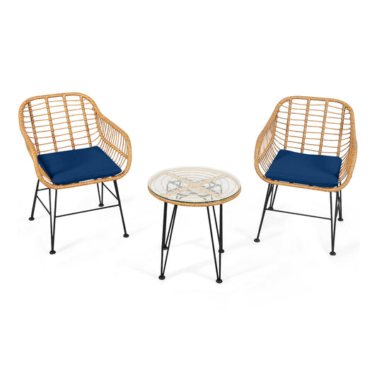 3 Pieces Rattan Furniture Set with Cushioned Chair Table, Navy Patio Conversation Sets Navy at Gallery Canada