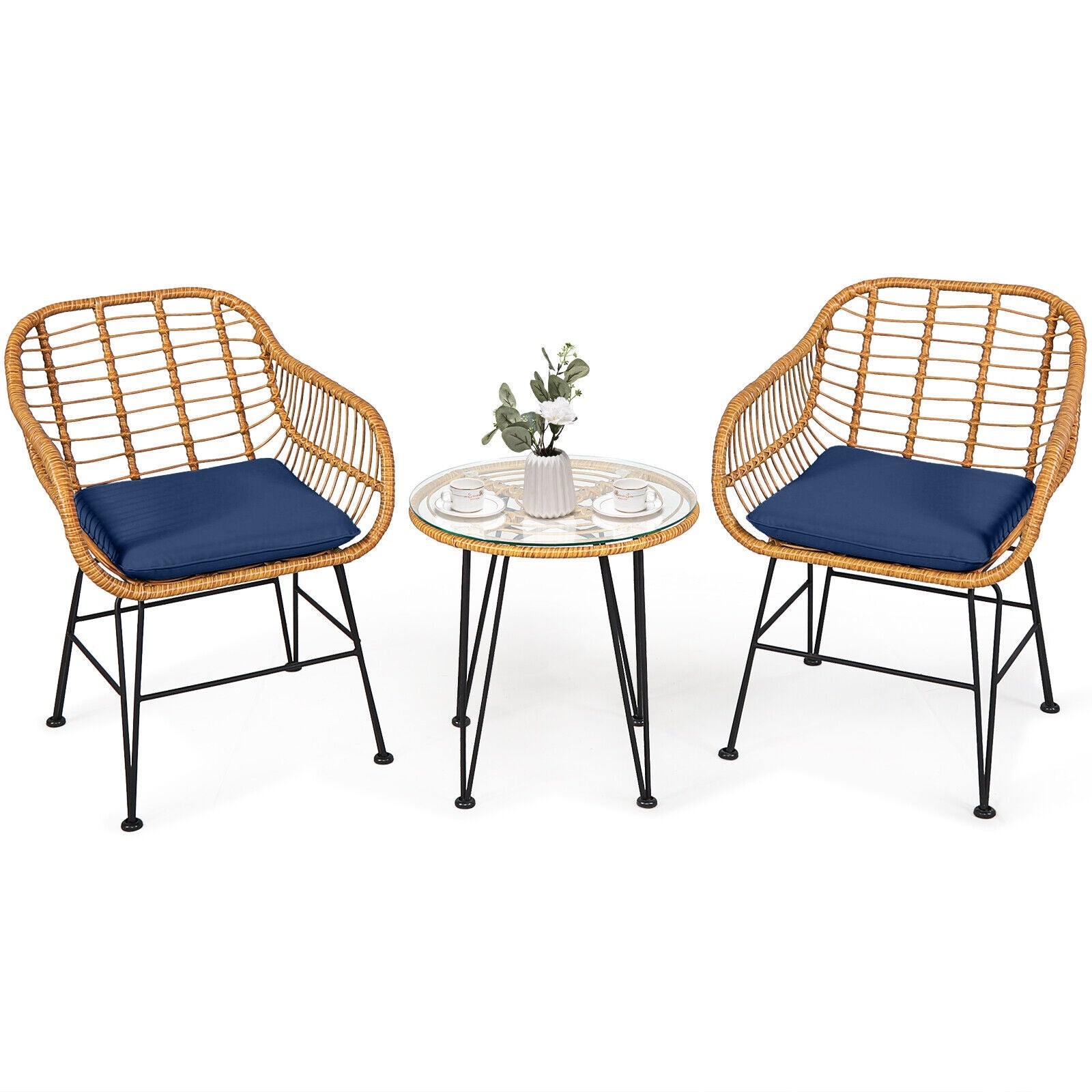 3 Pieces Rattan Furniture Set with Cushioned Chair Table, Navy Patio Conversation Sets at Gallery Canada