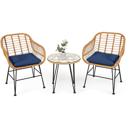 3 Pieces Rattan Furniture Set with Cushioned Chair Table, Navy Patio Conversation Sets at Gallery Canada