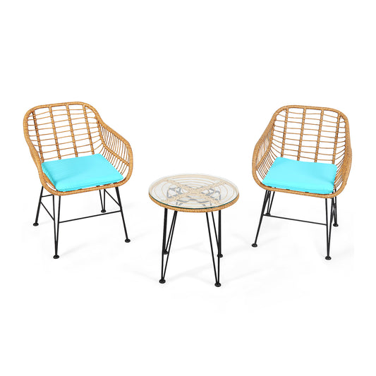 3 Piece Rattan Furniture Set, Cushioned Chair Table, Turquoise Patio Conversation Sets Turquoise at Gallery Canada