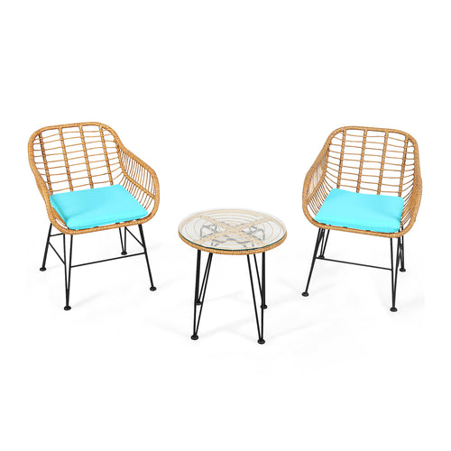 3 Piece Rattan Furniture Set, Cushioned Chair Table, Turquoise