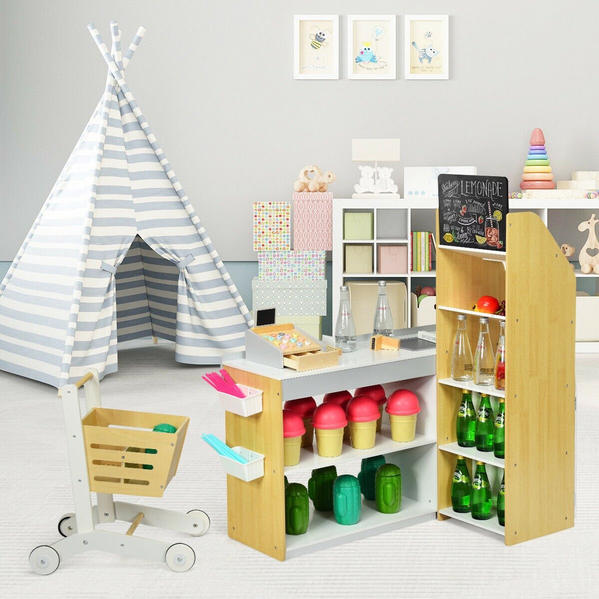 Grocery Store Playset Pretend Play Supermarket Shopping Set, Natural - Gallery Canada