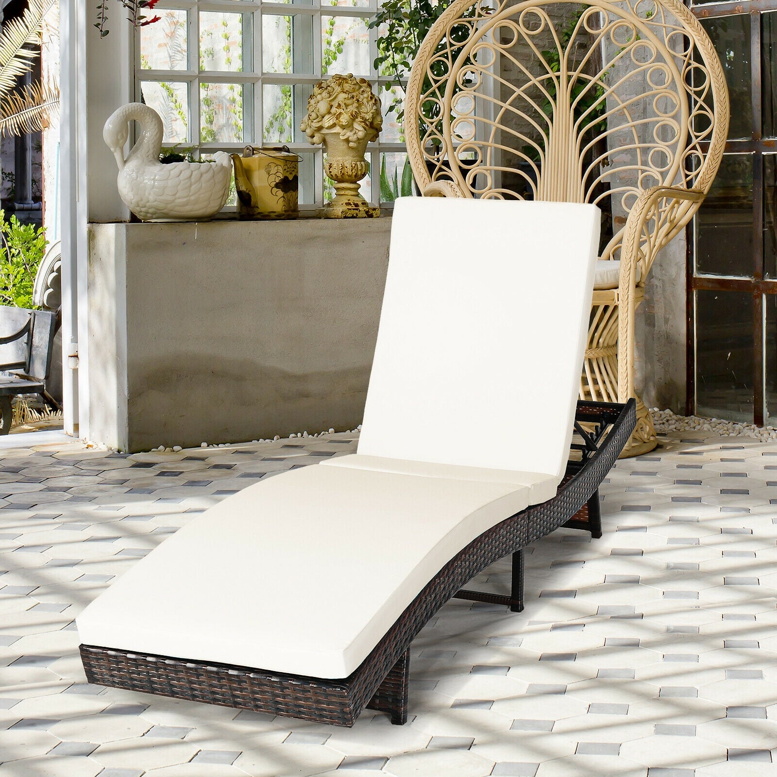 Patio Folding Chaise Lounge with 5 Adjustable Levels and Cushion, White Outdoor Chaise Lounges at Gallery Canada
