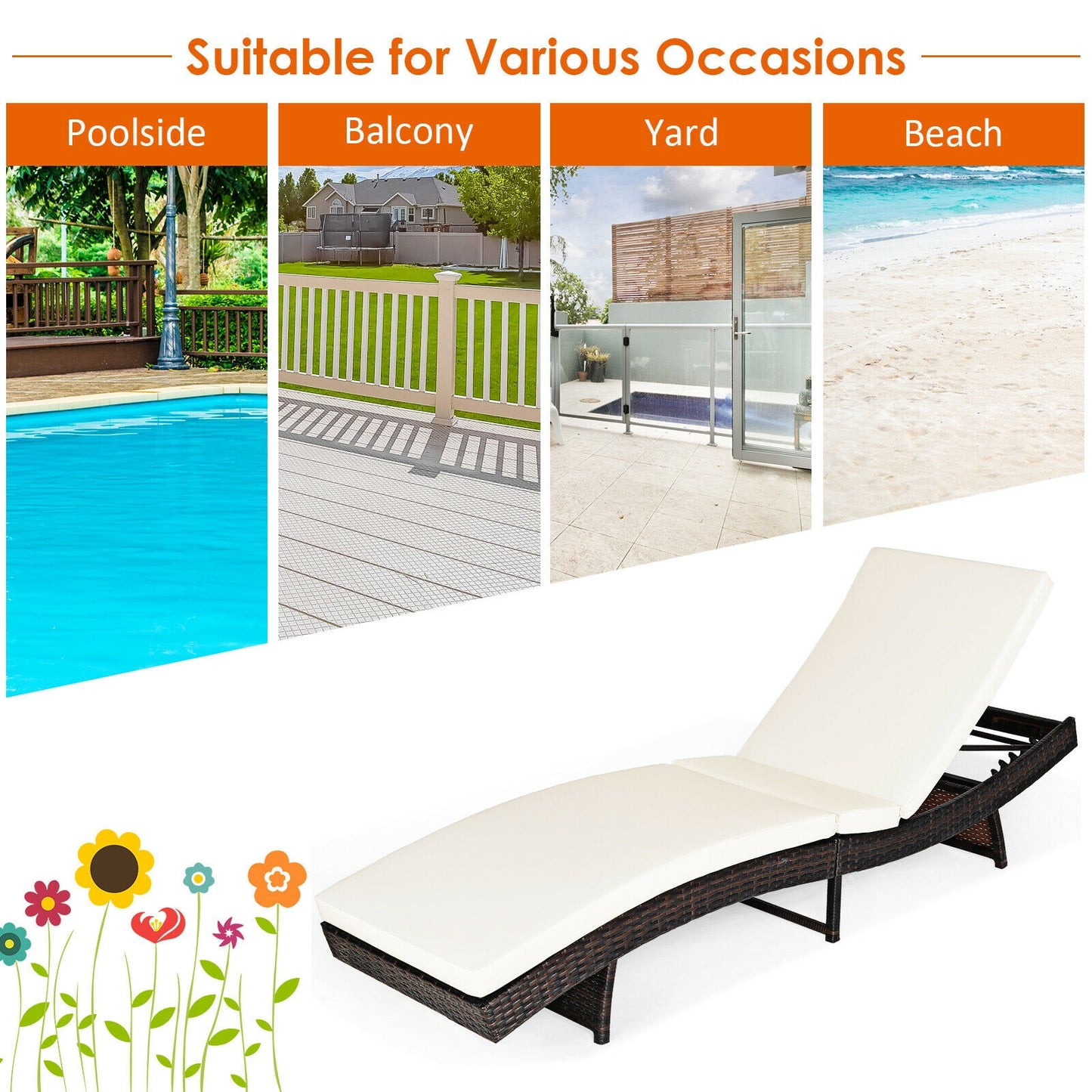 Patio Folding Chaise Lounge with 5 Adjustable Levels and Cushion, White Outdoor Chaise Lounges at Gallery Canada
