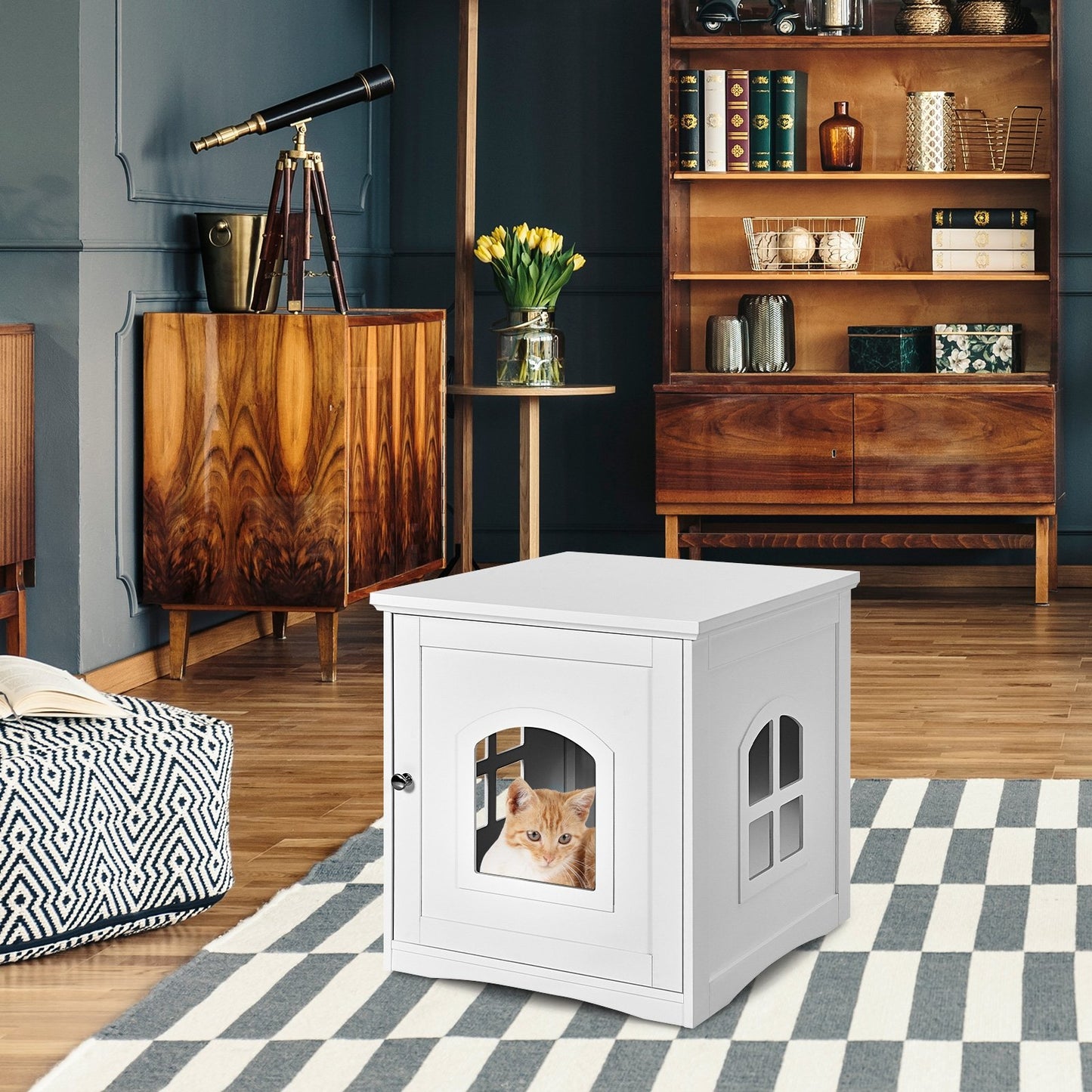 Side Table Nightstand Decorative Cat House, White - Gallery Canada