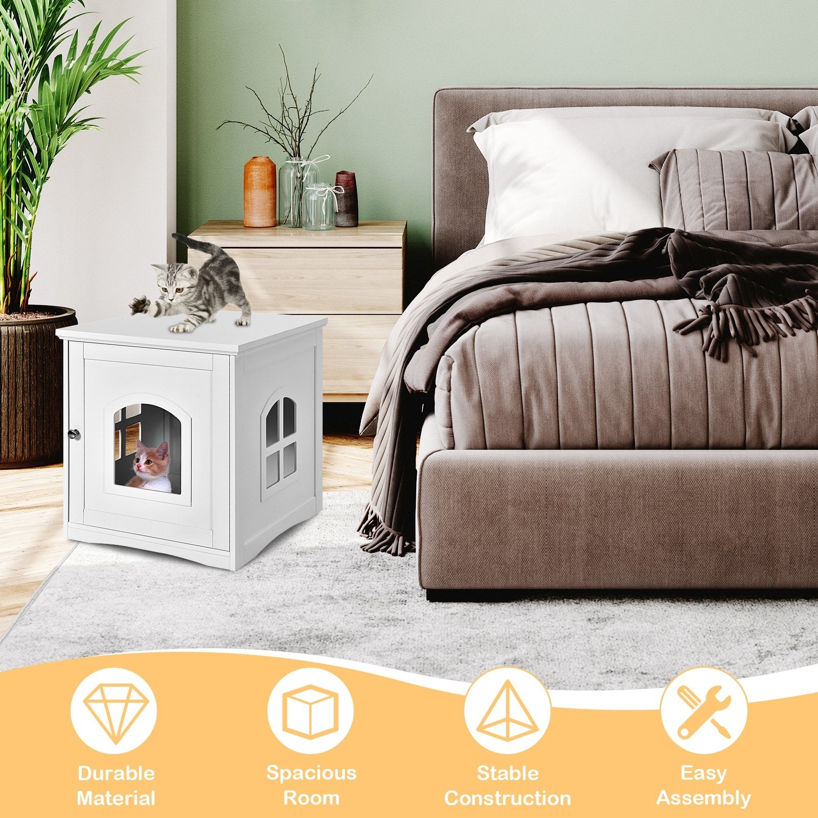 Side Table Nightstand Decorative Cat House, White - Gallery Canada