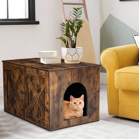 Wooden Hidden Cabinet Cat Furniture with Divider, Coffee - Gallery Canada