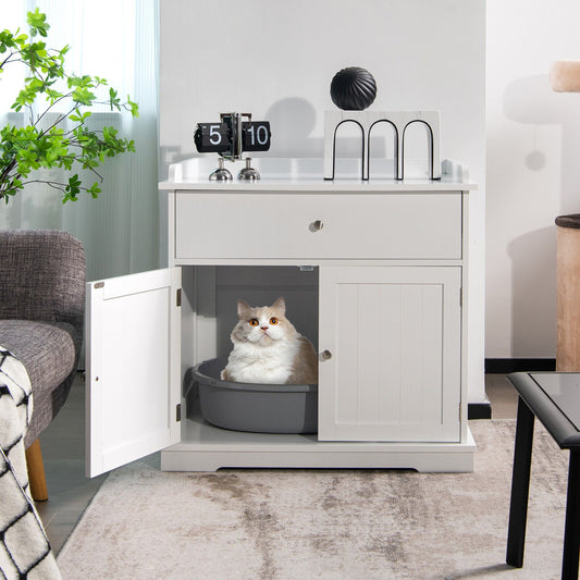 Wooden Cat Litter Box Enclosure with Drawer Side Table Furniture, White - Gallery Canada