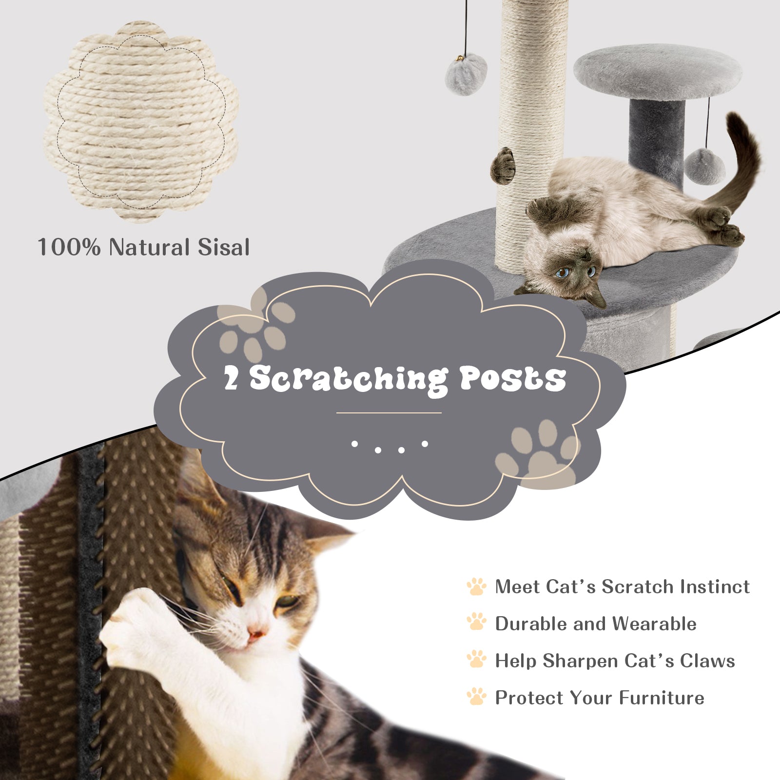 40 Inch Cat Tree Tower Multi-Level Activity Tree with 2-Tier Cat-Hole Condo, Gray Cat Trees Condos & Scratchers at Gallery Canada