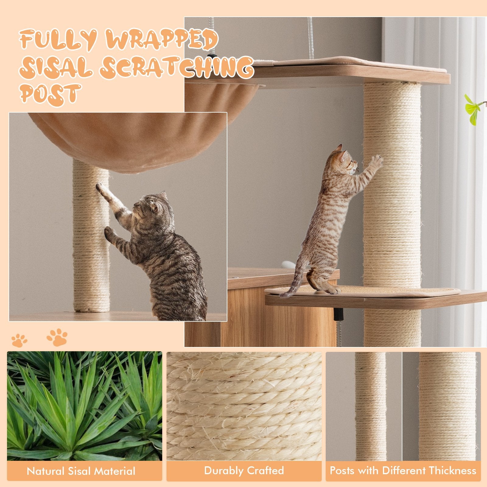 52 Inch Modern Multi-level Cat Play Center with Deluxe Hammock, Natural - Gallery Canada