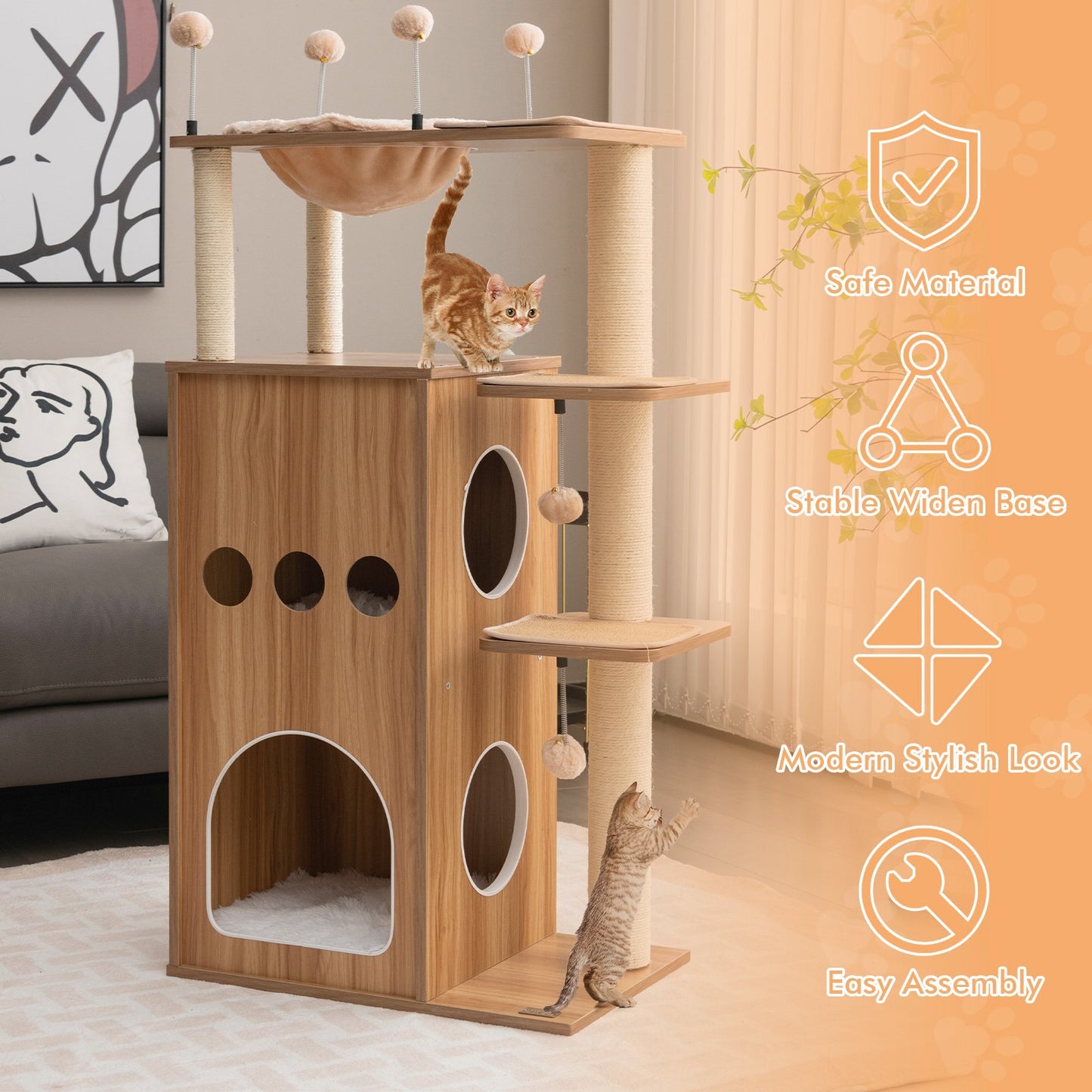 52 Inch Modern Multi-level Cat Play Center with Deluxe Hammock, Natural - Gallery Canada