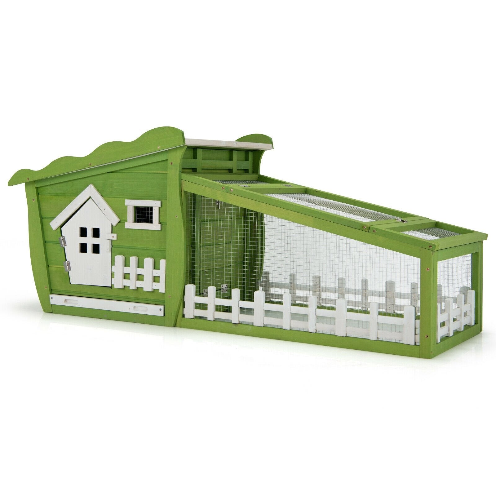 62 Inch Wooden Rabbit Hutch with Pull Out Tray, Green at Gallery Canada