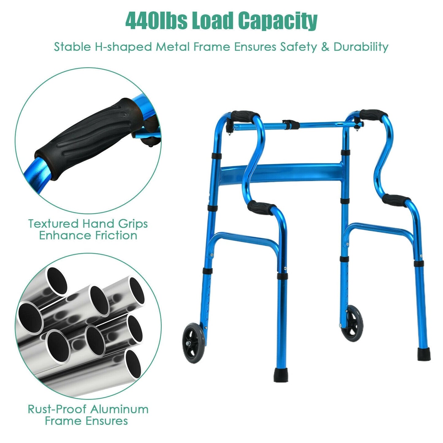 Aluminum Heavy-Duty Folding Wheeled Stand-Assist Walker, Blue