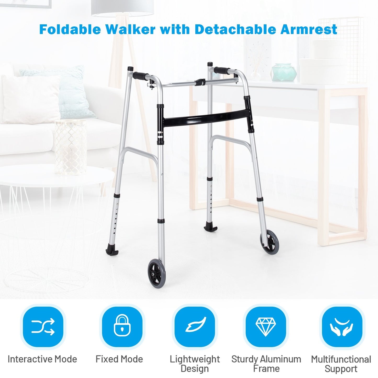 Folding Height Adjustable Walking Frame with Armrest Support, Silver - Gallery Canada
