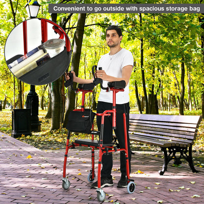 Folding Auxiliary Walker Rollator with Brakes Flip-Up Seat Bag Multifunction, Red - Gallery Canada