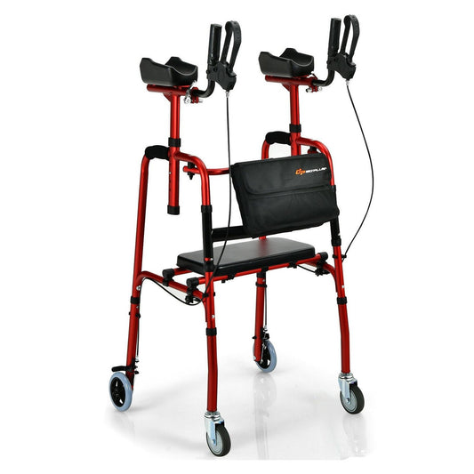 Folding Auxiliary Walker Rollator with Brakes Flip-Up Seat Bag Multifunction, Red