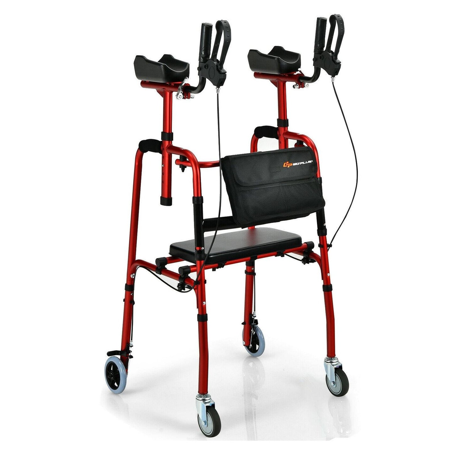 Folding Auxiliary Walker Rollator with Brakes Flip-Up Seat Bag Multifunction, Red - Gallery Canada