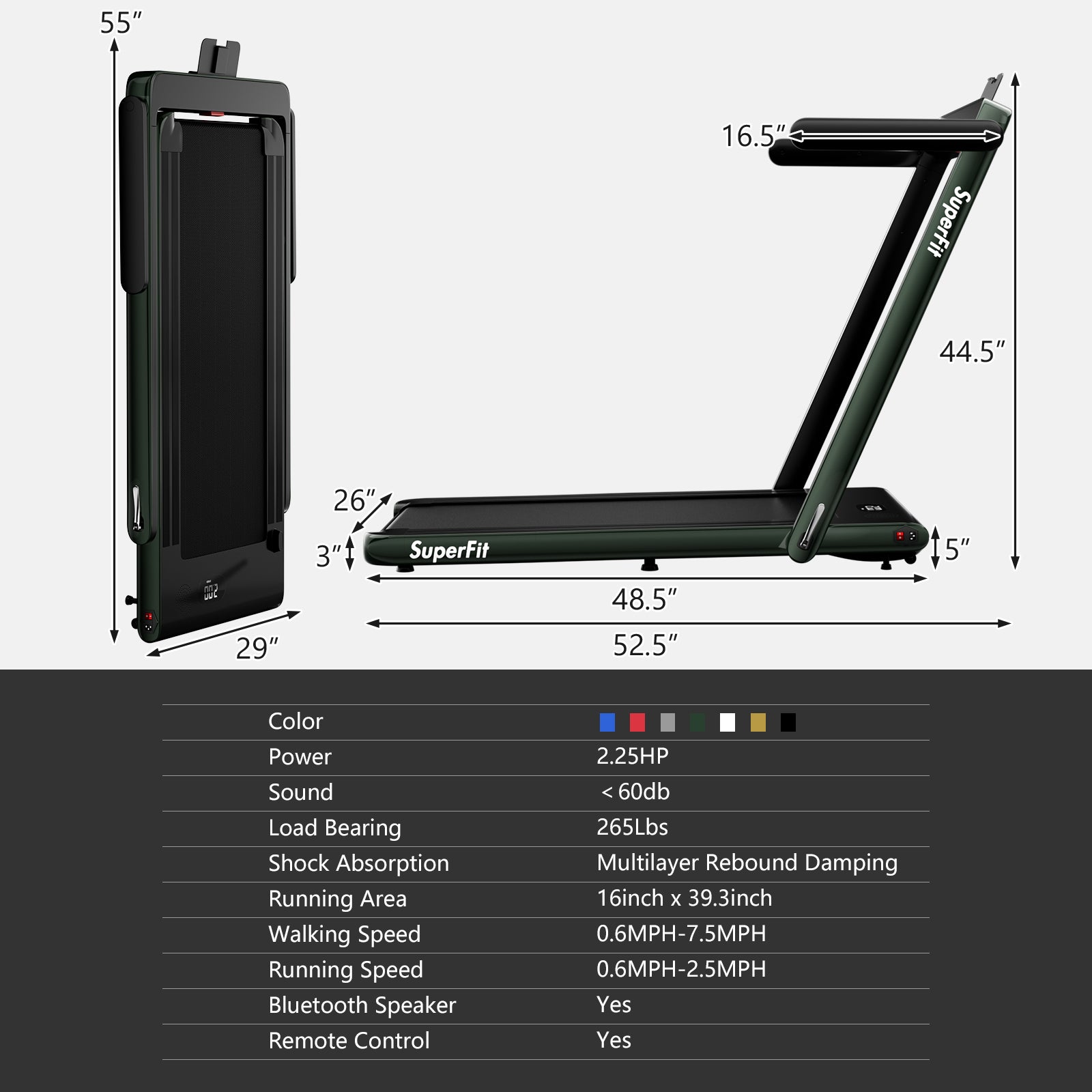 2.25HP 2 in 1 Folding Treadmill with APP Speaker Remote Control, Green Treadmills at Gallery Canada