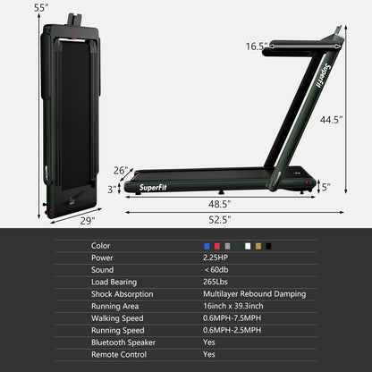 2.25HP 2 in 1 Folding Treadmill with APP Speaker Remote Control, Green Treadmills at Gallery Canada
