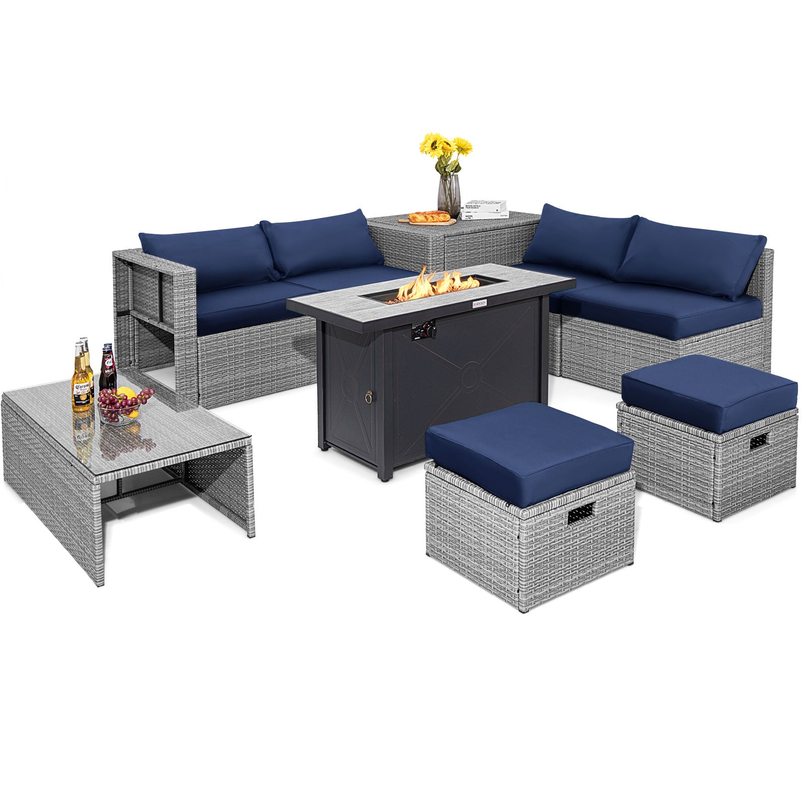 9 Piece Patio Furniture Set, 42 Inch 60000 BTU Fire Pit, Navy Patio Furniture Sets at Gallery Canada